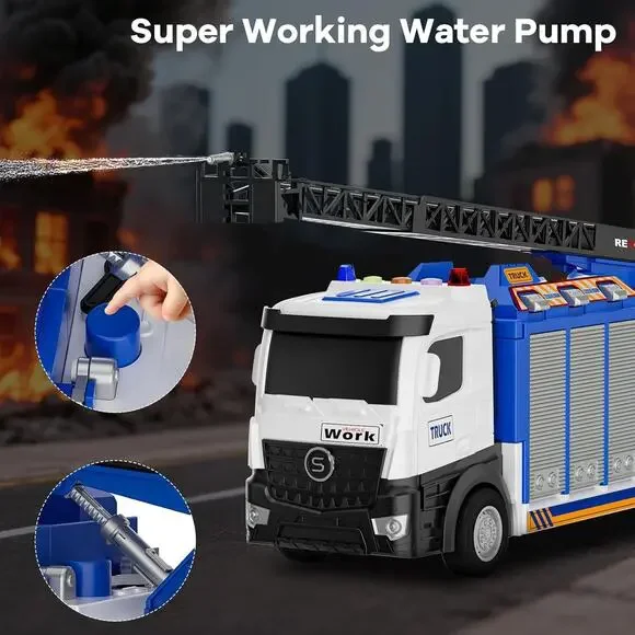 3-In-1 Large Fire Truck Toy with Garage & 6 Cars, Water Pump, Extendable Ladder, - Picture 4 of 7